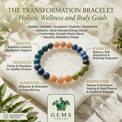 Lab Certified Wellness & Healthy Lifestyle Bracelet – Apatite, Sodalite, Sunstone, Kyanite & Serpentine – Gems Turtle