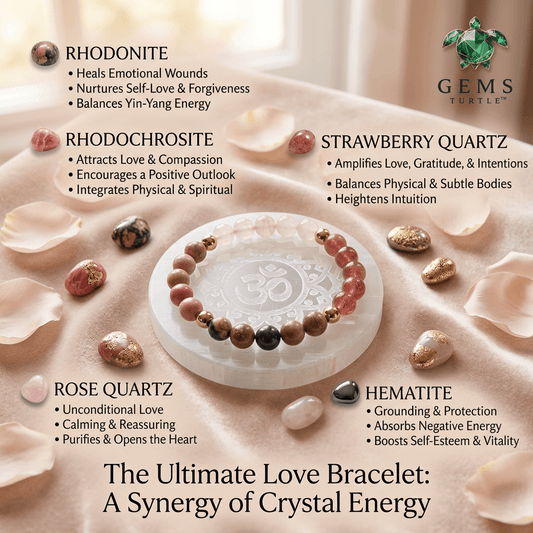 Lab Certified Ultimate Love Bracelet for Women - Natural Rhodonite, Rhodochrosite, Strawberry Quartz, Rose Quartz & Hematite – Gems Turtle