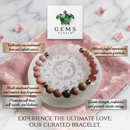 Lab Certified Ultimate Love Bracelet for Women - Natural Rhodonite, Rhodochrosite, Strawberry Quartz, Rose Quartz & Hematite – Gems Turtle (image 4)