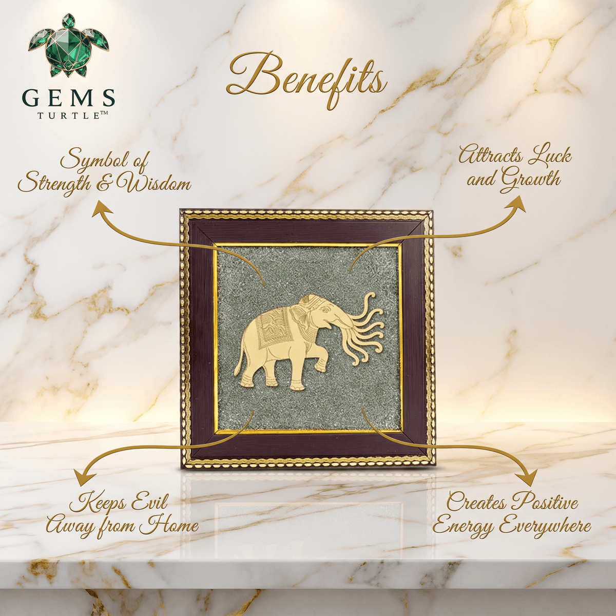 Airavat Elephant Pyrite Frame - Celestial Elephant Vastu Decor for Prosperity, Strength & Good Fortune – Gems Turtle (image 2)