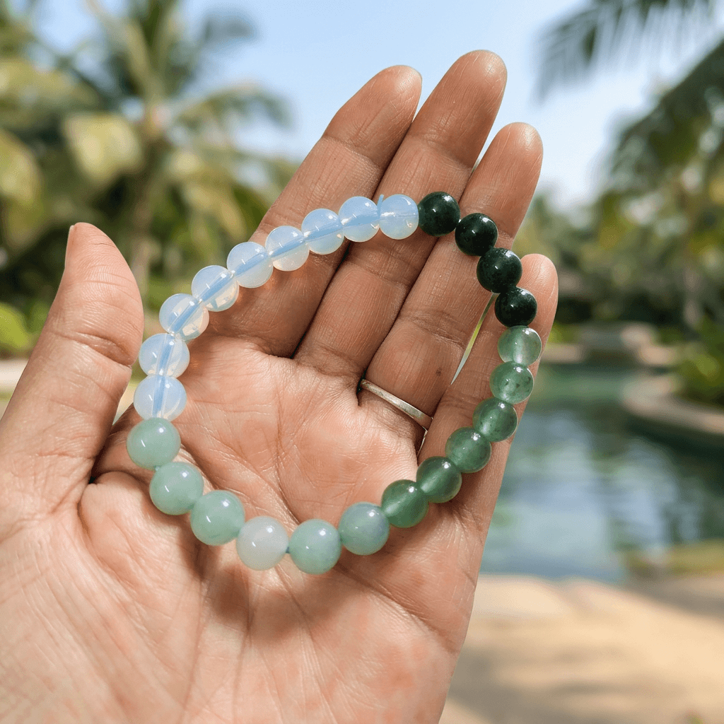 Green Harmony Lab Certified Bracelet For Abundance, Balance & Harmony- Jade, Green Aventurine with Opalite – Gems Turtle (image 3)