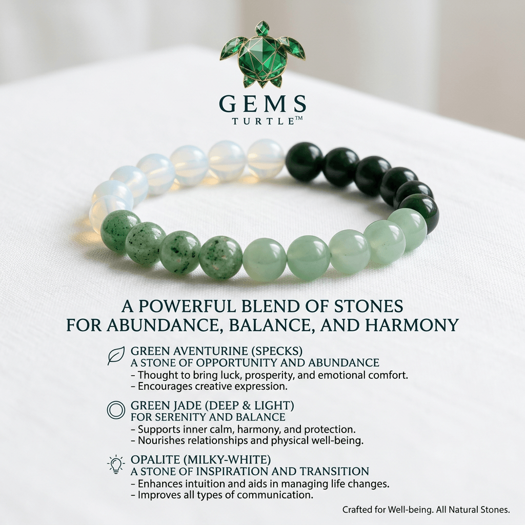 Green Harmony Lab Certified Bracelet For Abundance, Balance & Harmony- Jade, Green Aventurine with Opalite – Gems Turtle