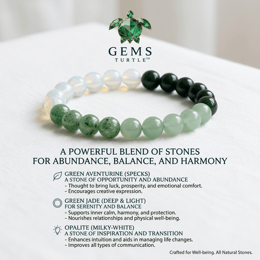 Green Harmony Lab Certified Bracelet For Abundance, Balance & Harmony- Jade, Green Aventurine with Opalite – Gems Turtle