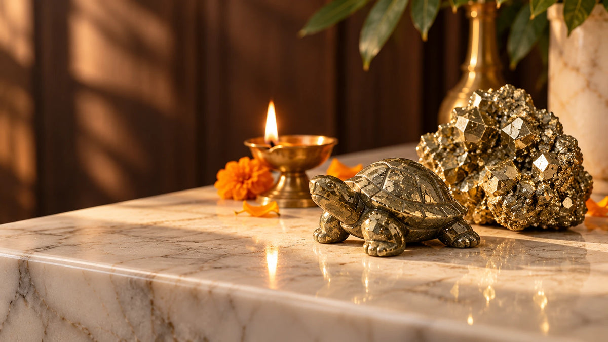 Carved pyrite turtle and raw pyrite cluster on a marble console beside a lit brass diya and marigolds