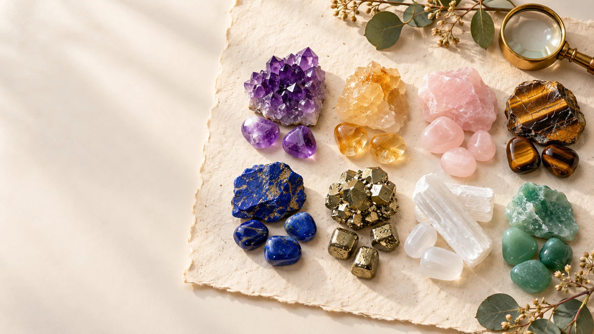 Raw and tumbled amethyst, citrine, rose quartz, tiger eye, lapis lazuli, pyrite, selenite and green aventurine on handmade paper with a brass loupe