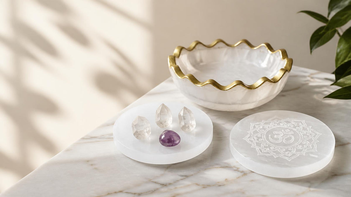 Selenite charging plates, an Om-engraved selenite plate and a gold-rimmed selenite bowl on white marble