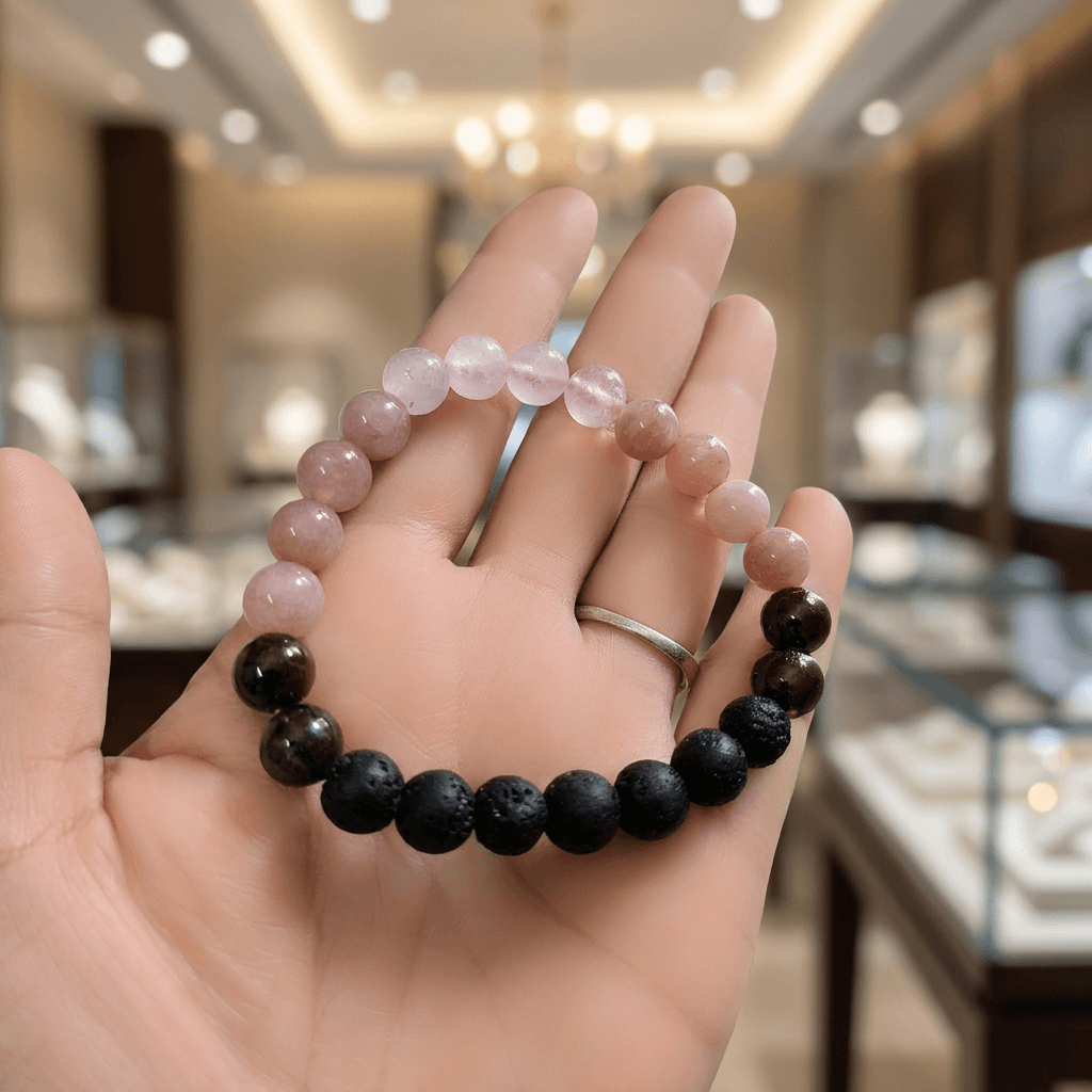 rose quartz bracelet displayed in hand, featuring rose quartz, lava stone, garnet, and strawberry quartz.