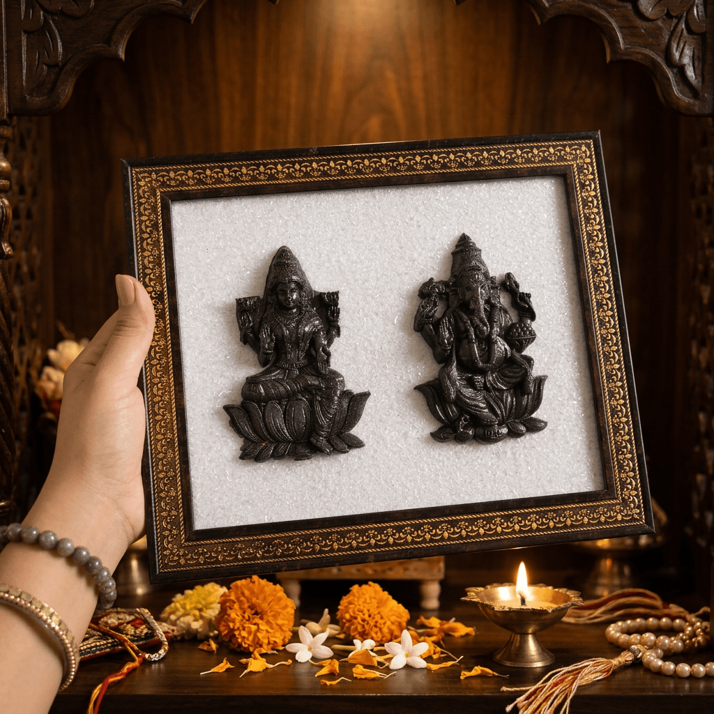 Pyrite & Selenite Lakshmi Ganesh Frame for Prosperity, Positivity & Peace – Gems Turtle (image 3)