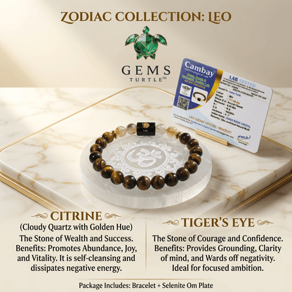 Leo (सिंह राशि) Zodiac Citrine & Tiger's Eye Bracelet with Lab Certification – Gems Turtle