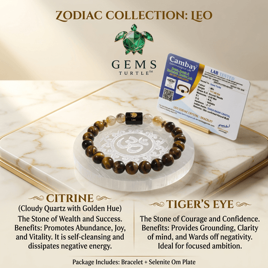 Leo (सिंह राशि) Zodiac Citrine & Tiger's Eye Bracelet with Lab Certification – Gems Turtle
