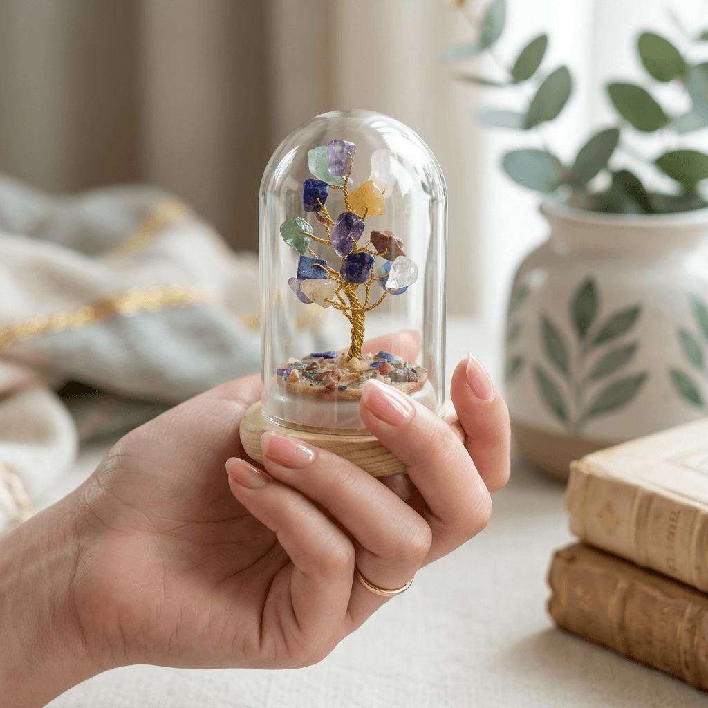 CCrystal Glass Tree Feng Shui & Vastu Home Decor with colorful gemstone chips under a clear dome.