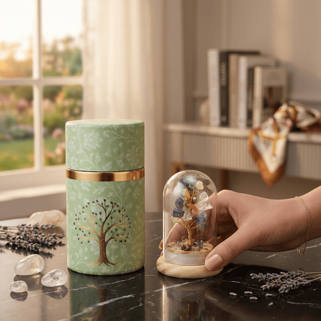 CCrystal Glass Tree Feng Shui & Vastu Home Decor displayed with decorative cylinder and natural elements.