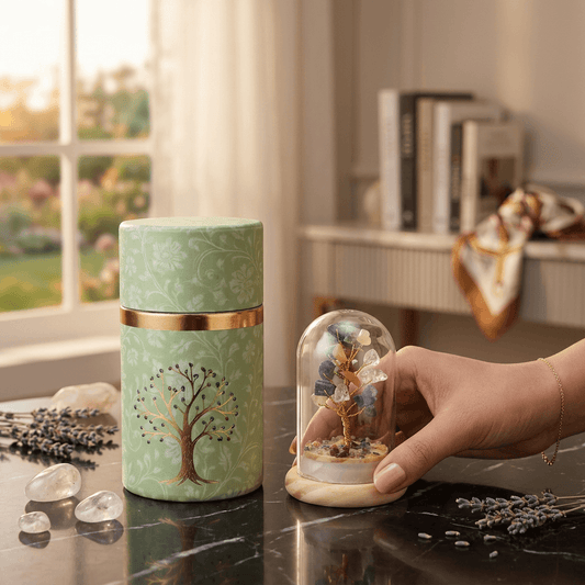 CCrystal Glass Tree Feng Shui & Vastu Home Decor displayed with decorative cylinder and natural elements.