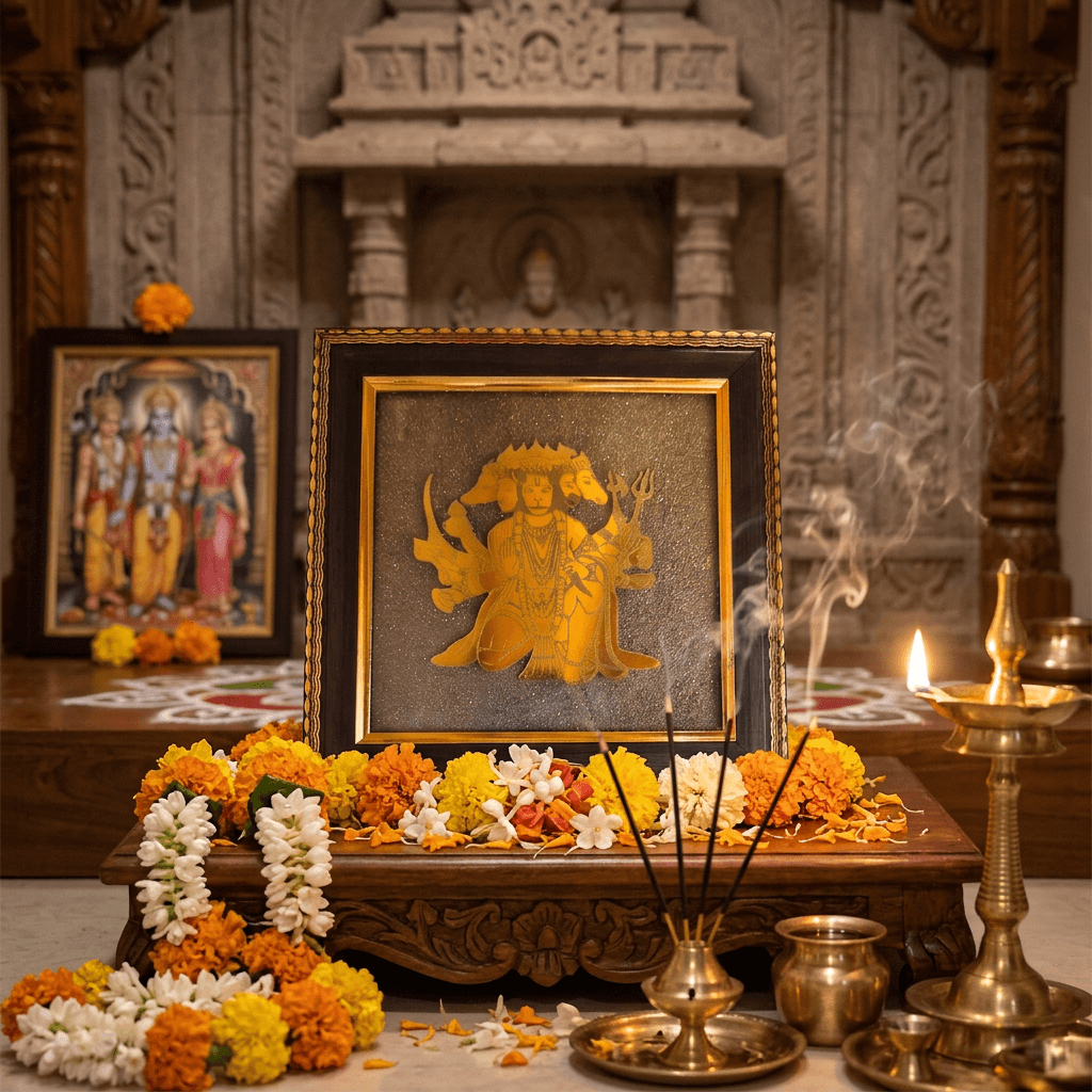 Panchmukhi Hanuman Ji wall decor frame with flowers and incense | Vastu wall hangings for success and protection.