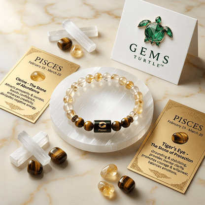 Pisces (मीन राशि) Zodiac Citrine & Tiger's Eye Bracelet with Lab Certification – Gems Turtle