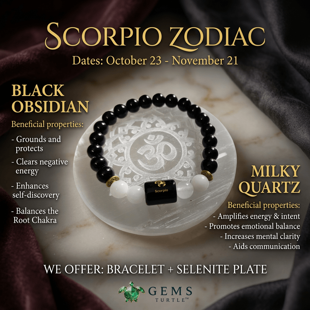 Scorpio (वृश्चिक राशि) Zodiac Black Obsidian & Milky Quartz Bracelet with Lab Certification – Gems Turtle