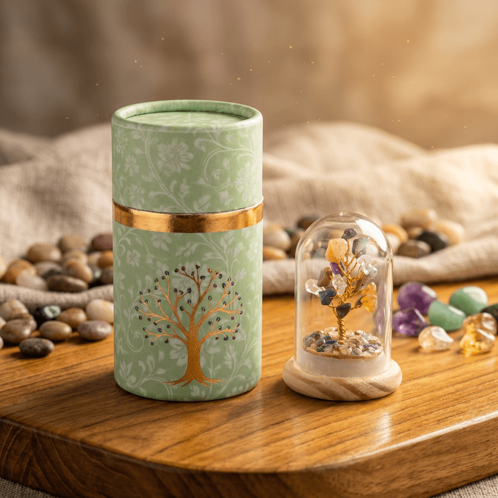 Chakra Crystal Glass Tree Feng Shui & Vastu Home Decor with green decorative container and multi-gemstone tree under glass dome.