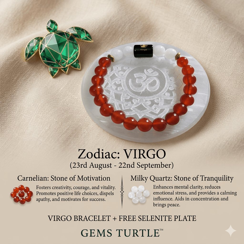 Virgo (कन्या राशि) Zodiac Carnelian & Milky Quartz Bracelet with Lab Certification – Gems Turtle